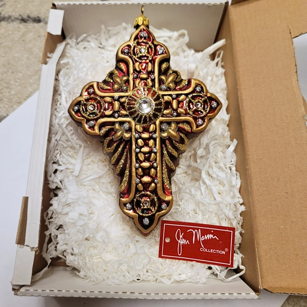 Jim Marvin Byzantine Cross Polish Glass Ornament Red Glitter Poland Christmas 6